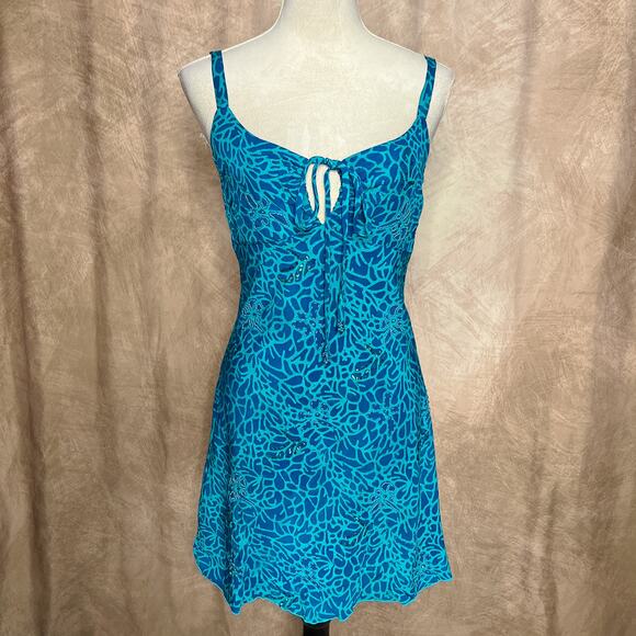 Vintage Y2K Tropical Tantrum Floral Leaf Print Beaded Sequin Mini Dress Blue - Picture 12 of 12